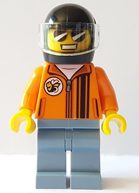 This LEGO minifigure is called, 1970 Dodge Challenger T/A Driver . It's minifig ID is sc091.