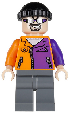 This LEGO minifigure is called, Two-Face's Henchman, Orange and Purple, Sunglasses . It's minifig ID is sh022.