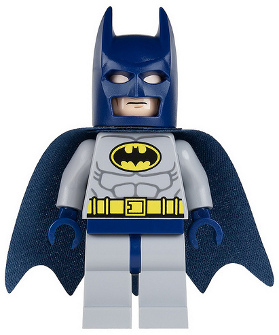 Display of LEGO Super Heroes Batman, Light Bluish Gray Suit with Yellow Belt and Crest, Dark Blue Mask and Cape (Type 1 Cowl)