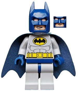 This LEGO minifigure is called, Batman, Light Bluish Gray Suit with Yellow Belt and Crest, Dark Blue Mask and Cape  (Type 2 Cowl) . It's minifig ID is sh025a.