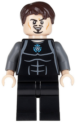 This LEGO minifigure is called, Tony Stark, Black and Dark Bluish Gray Jumpsuit . It's minifig ID is sh069.