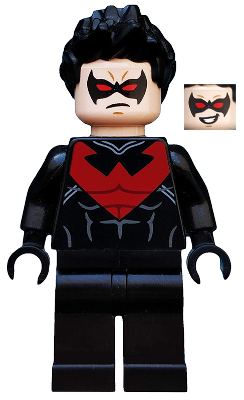 This LEGO minifigure is called, Nightwing, Red Eye Holes and Chest Symbol . It's minifig ID is sh085.