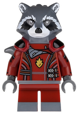 This LEGO minifigure is called, Rocket Raccoon, Dark Red Outfit, Dark Bluish Gray Head . It's minifig ID is sh090.
