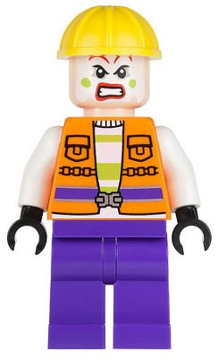 This LEGO minifigure is called, Joker's Goon, Construction Outfit, Orange Jacket, Yellow Helmet, Purple Legs . It's minifig ID is sh093.