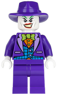 This LEGO minifigure is called, The Joker, Medium Azure Vest, Lime Bow Tie, Dark Purple Fedora . It's minifig ID is sh094.