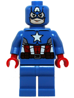 This LEGO minifigure is called, Captain America, Blue Suit, Red Hands, Mask . It's minifig ID is sh106.