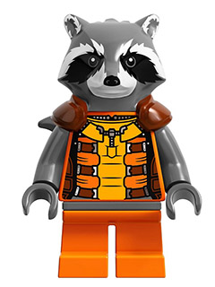This LEGO minifigure is called, Rocket Raccoon, Orange and Reddish Brown Outfit, Dark Bluish Gray Head . It's minifig ID is sh122.