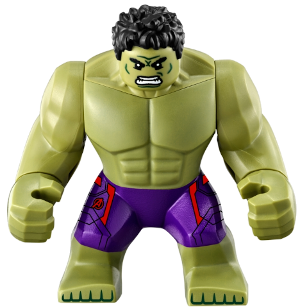 Display of LEGO Super Heroes Hulk with Black Hair and Dark Purple Pants with Avengers Logo