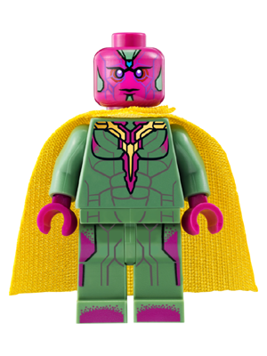 This LEGO minifigure is called, Vision, Sand Green, Dark Azure Spot on Forehead . It's minifig ID is sh178.