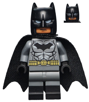 This LEGO minifigure is called, Batman, Dark Bluish Gray Suit, Gold Belt, Black Hands, Spongy Cape, Black Boots . It's minifig ID is sh204.