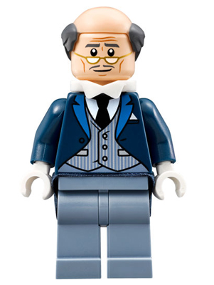 This LEGO minifigure is called, Alfred Pennyworth, Pinstripe Vest . It's minifig ID is sh313.