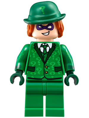 This LEGO minifigure is called, The Riddler, Suit and Tie, Hat with Hair . It's minifig ID is sh334.
