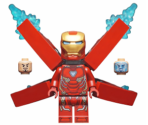 This LEGO minifigure is called, Iron Man, Mark 50 Armor, Small Helmet Visor, Wings without Stickers . It's minifig ID is sh497a.
