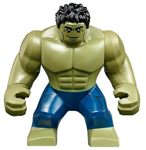 Display of LEGO Super Heroes Hulk with Black Hair and Dark Blue Pants