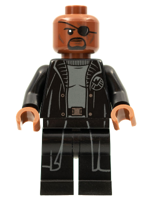 Display of LEGO Super Heroes Nick Fury, Gray Sweater and Black Trench Coat, No Shirt Tail