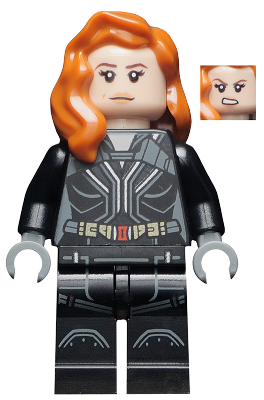 This LEGO minifigure is called, Black Widow, Black Jumpsuit, Dark Orange Mid-Length Hair, Printed Legs, Dark Bluish Gray Hands . It's minifig ID is sh629.