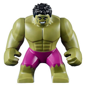 Display of LEGO Super Heroes Hulk with Black Hair and Magenta Pants