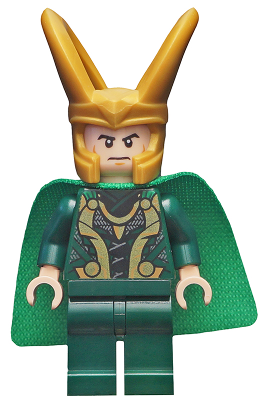 Display of LEGO Super Heroes Loki, Spongy Cape (Juniors), Dark Green Legs
