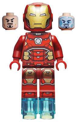 Display of LEGO Super Heroes Iron Man with Silver Hexagon on Chest and 1 x 1 Round Bricks