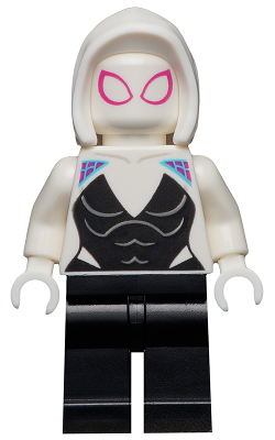 This LEGO minifigure is called, Ghost Spider / Spider-Gwen, White Hood Basic Smooth. It's minifig ID is sh682.