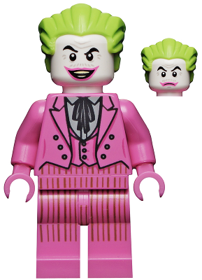Display of LEGO Super Heroes The Joker, Dark Pink Suit, Open Mouth Grin / Closed Mouth