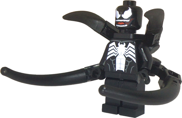 This LEGO minifigure is called, Venom, Teeth Parted, 4 Back Appendages Medium *with 2 hand-held tentacles. It's minifig ID is sh711.