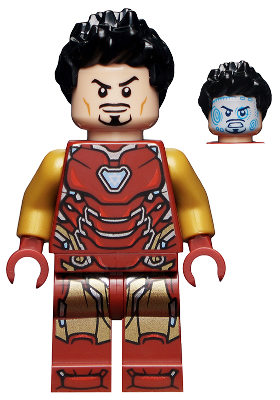 Display of LEGO Super Heroes Iron Man Mark 85 Armor, Black Hair