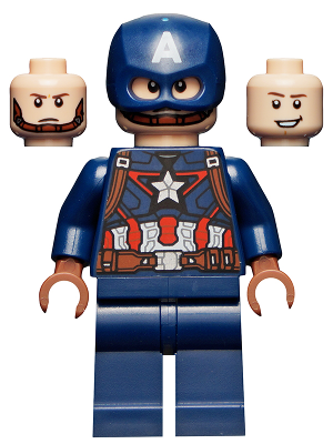 Display of LEGO Super Heroes Captain America, Dark Blue Suit, Reddish Brown Hands, Helmet