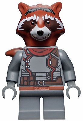 Display of LEGO Super Heroes Rocket Raccoon, Dark Bluish Gray Outfit