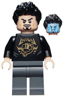Display of LEGO Super Heroes Tony Stark, Black Top with Gold Pattern