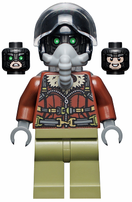 This LEGO minifigure is called, Vulture, Reddish Brown Bomber Jacket and Aviator Oxygen Mask. It's minifig ID is sh775.