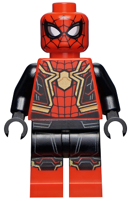 Display of LEGO Super Heroes Spider-Man, Black and Red Suit, Large Gold Spider, Gold Knee Trim (Integrated Suit)