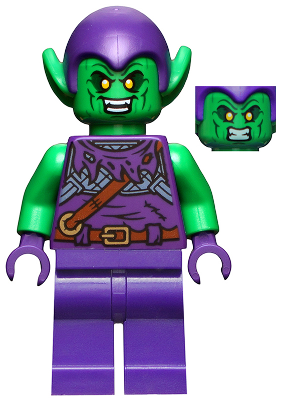 This LEGO minifigure is called, Green Goblin, Bright Green Skin, Dark Purple Outfit, Small Yellow Eyes, Plain Legs . It's minifig ID is sh813.