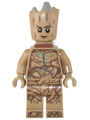 This LEGO minifigure is called, Groot, Teen Groot, Dark Tan with Neck Bracket *Includes Phone and Stand from 76231. It's minifig ID is sh836.
