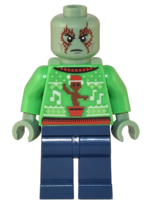 This LEGO minifigure is called, Drax, Holiday Sweater *Includes Silverware and Power Stones from 76231. It's minifig ID is sh837.