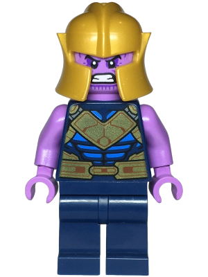 This LEGO minifigure is called, Thanos, Dark Blue Legs Plain, Medium Lavender Arms, Pearl Gold Helmet . It's minifig ID is sh906.