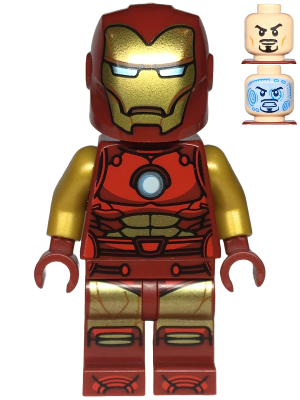 This LEGO minifigure is called, Iron Man, Dark Red and Gold Armor, Round Arc Reactor, Pearl Gold Arms, One Piece Helmet . It's minifig ID is sh910.