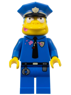 This LEGO minifigure is called, Chief Wiggum with Dark Pink Frosting Splotches on Face and Shirt . It's minifig ID is sim023.