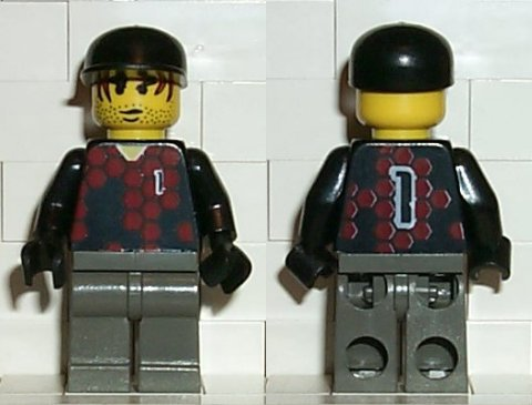 Display of LEGO Sports Soccer Player, Red and Blue Team Goalie with Number 1