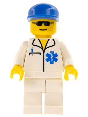 This LEGO minifigure is called, Doctor, EMT Star of Life, White Legs, Blue Cap . It's minifig ID is soc057.