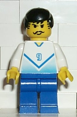 Display of LEGO Sports Soccer Player White & Blue Team with shirt  #9