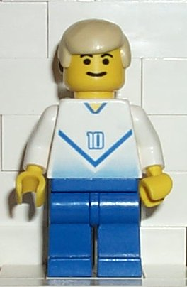 Display of LEGO Sports Soccer Player White & Blue Team with shirt #10