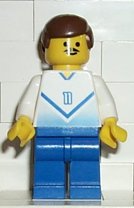 Display of LEGO Sports Soccer Player White & Blue Team with shirt #11
