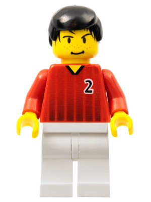 Display of LEGO Sports Soccer Player, Red and White Team with Number 2