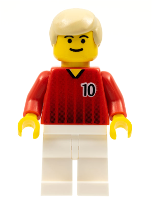 Display of LEGO Sports Soccer Player, Red and White Team with Number 10