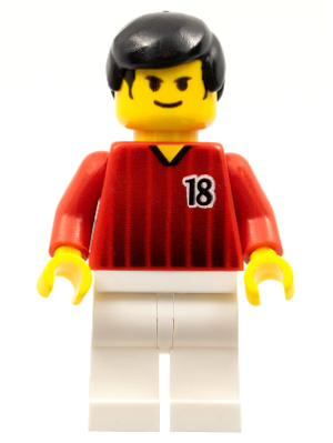 Display of LEGO Sports Soccer Player, Red and White Team with Number 18