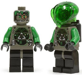 This LEGO minifigure is called, Insectoids Zotaxian Alien, Male, Gray and Green with Green Circuits and Silver Panels (Techno Leon) . It's minifig ID is sp024.