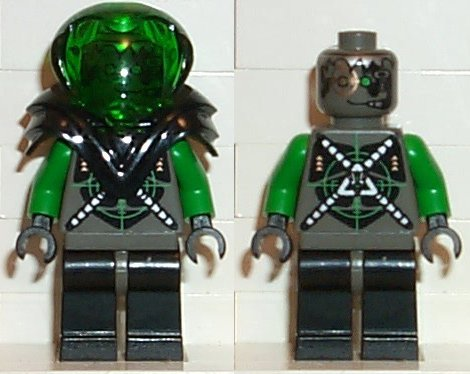 This LEGO minifigure is called, Insectoids Zotaxian Alien, Male, Gray and Green with Green Circuits and Silver Hoses, with Black Armor (Danny Longlegs / Corporal Steel) . It's minifig ID is sp027.