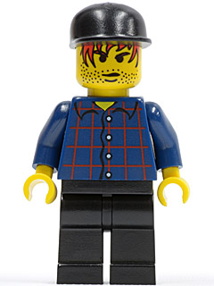 This LEGO minifigure is called, Plaid Button Shirt, Black Legs, Black Cap, Red Hair, Black Stubble (Taxi Driver) . It's minifig ID is spd014.