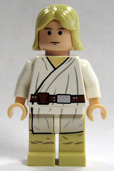 This LEGO minifigure is called, Luke Skywalker, Light Nougat, Long Hair, White Tunic, Tan Legs . It's minifig ID is sw0176.